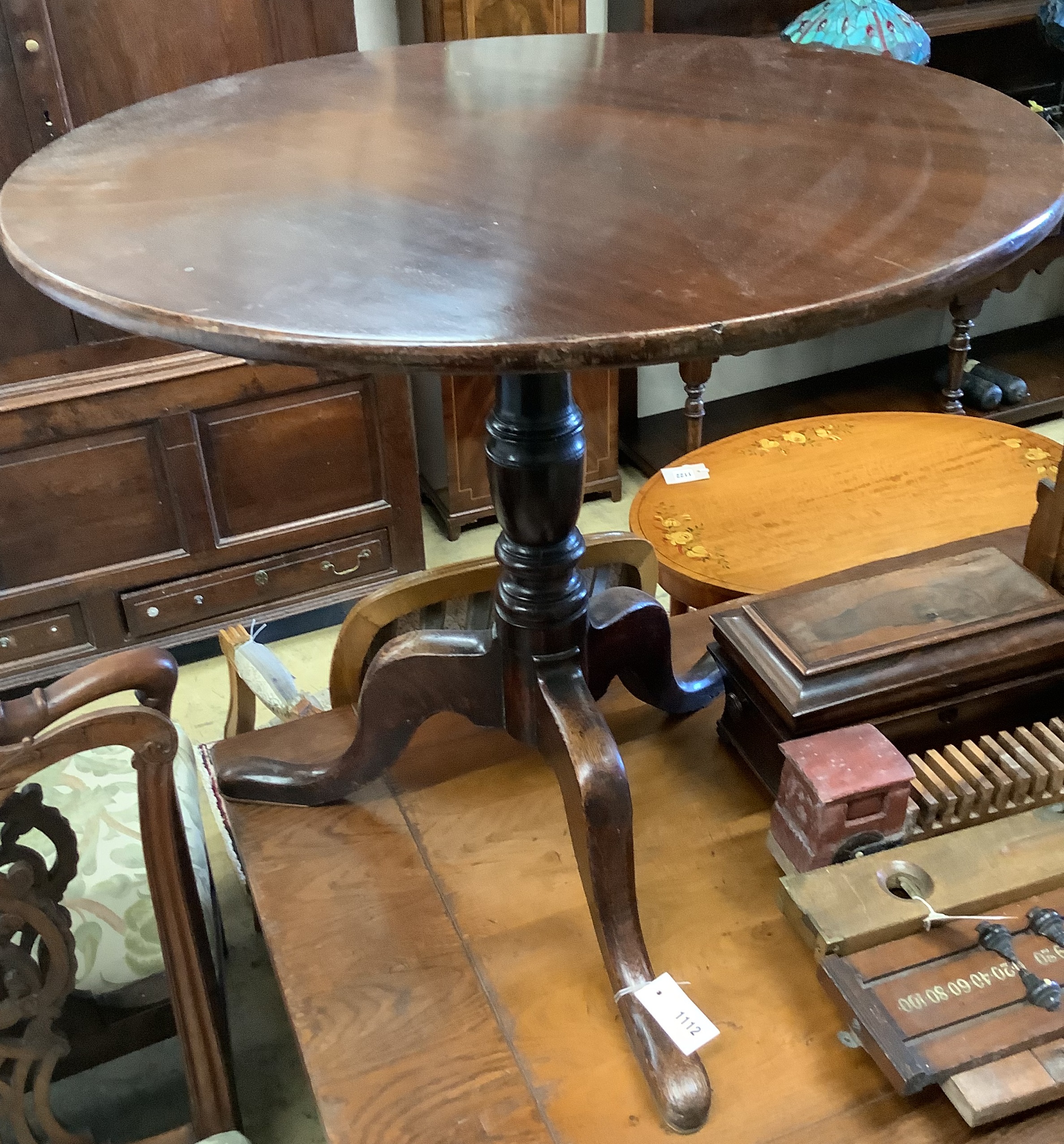 A George III and later circular mahogany tripod tea table, diameter 78cm, height 71cm